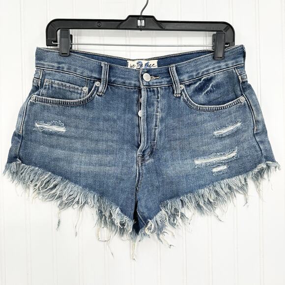 We The Free People Shorts Womens 26 Blue Denim Button Fly Distress Anthropologie - Picture 1 of 9